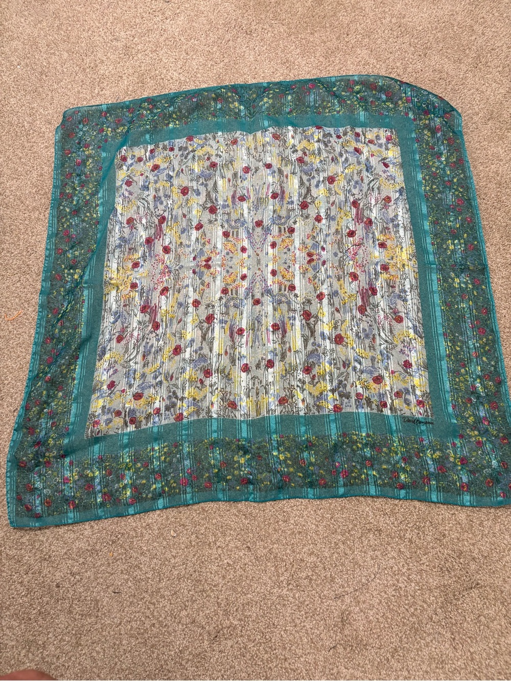 David Benjamin Scarf Impressionist Floral 30" X 30"  Sheer Teal Border